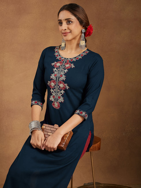 Janasya Women's Navy Blue Rayon Embroidered Straight Kurta